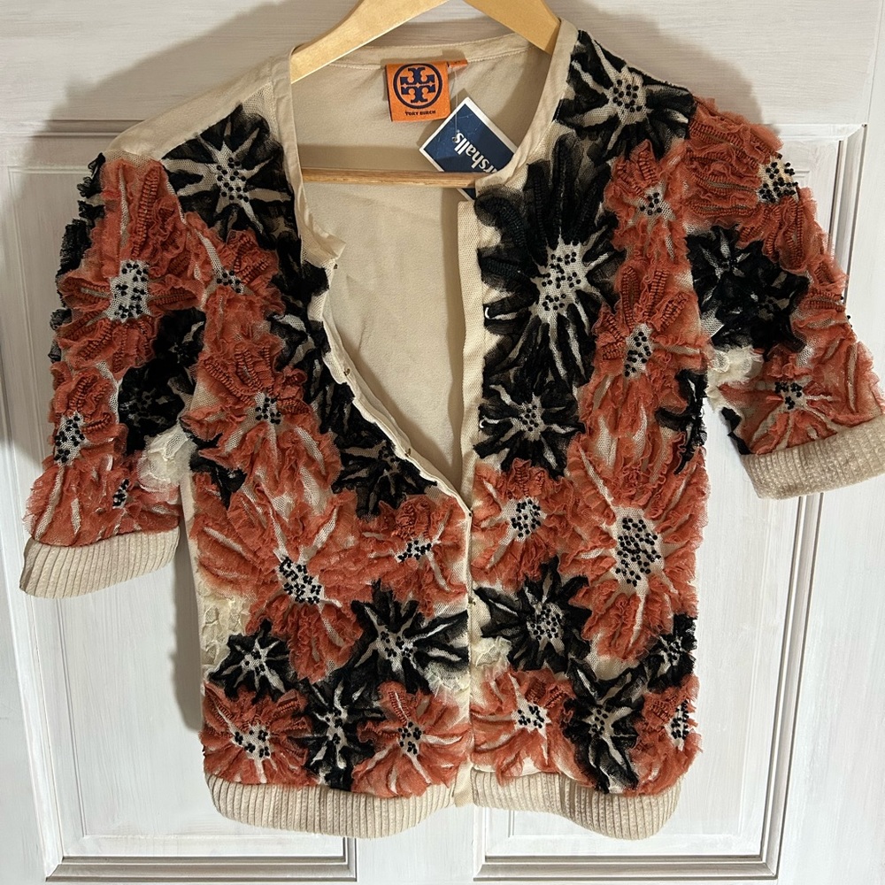 NWT Tory Burch short sleeve flowered/ruffled cardigan XS